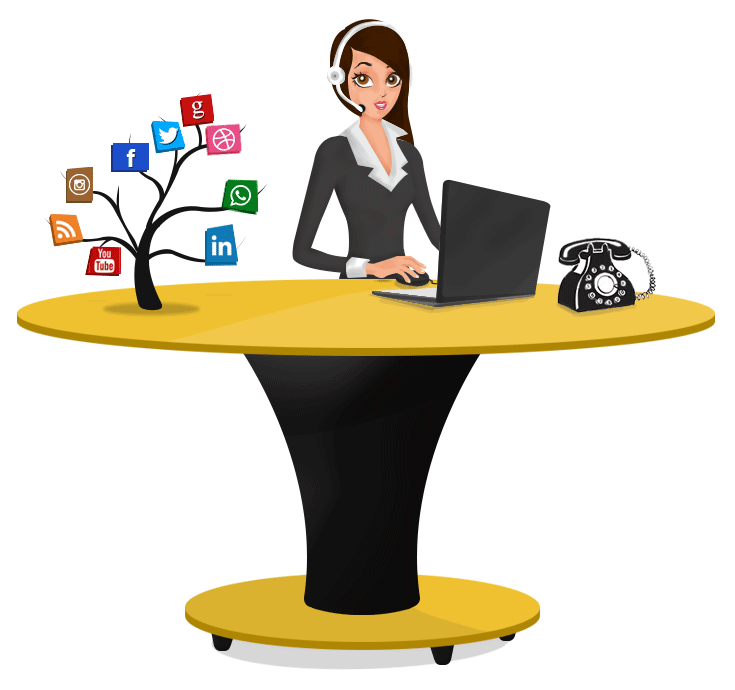 Illustration of a customer support agent at a desk with a headset and laptop